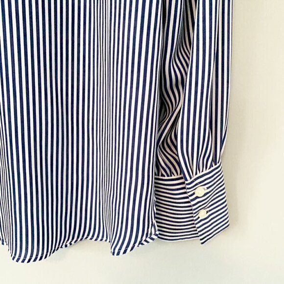 LOFT blue white striped mock collar hidden button front long sleeve top - Picture 5 of 10